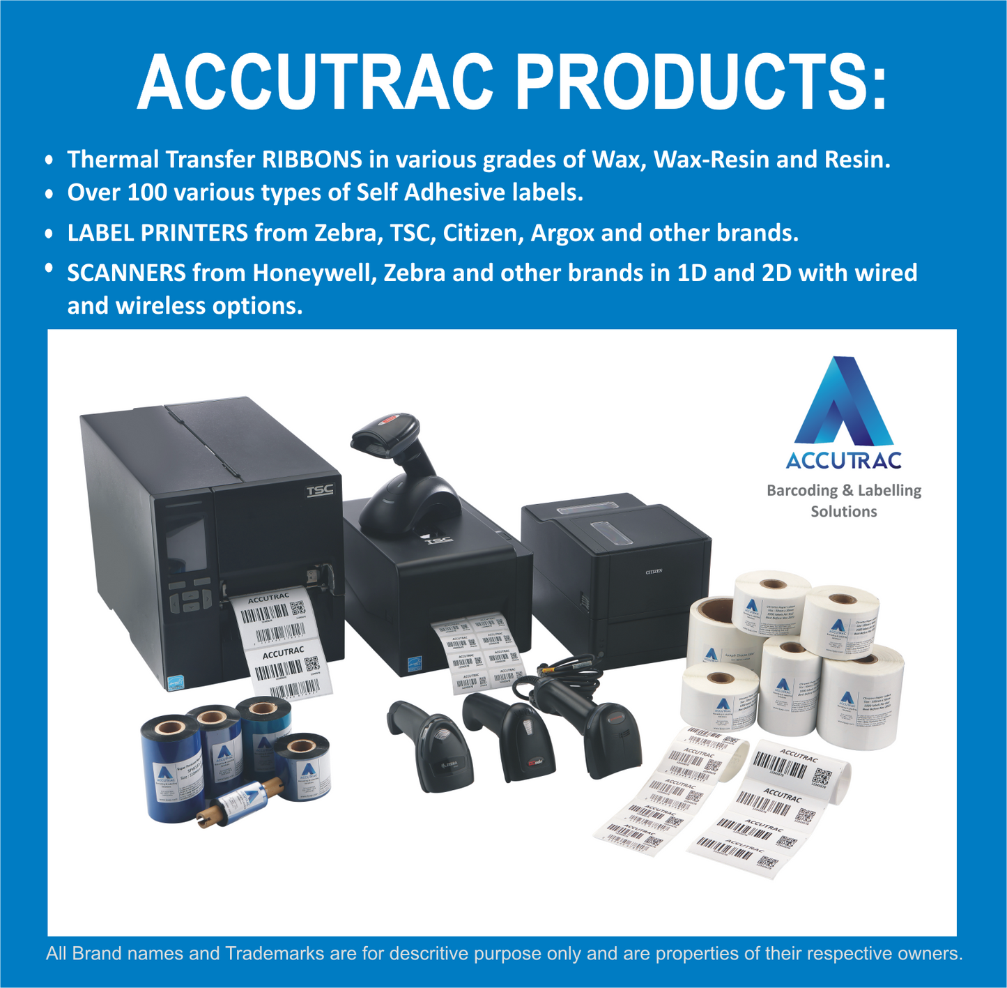 ACCUTRAC 2 x 1 Direct Thermal Barcode Label Sticker - 50mm x 25mm - 1000 Per Roll - Pack of 5 Rolls -White Self Adhesive Sticker for Printing Barcoding Labels 1 inch core Without Ribbon