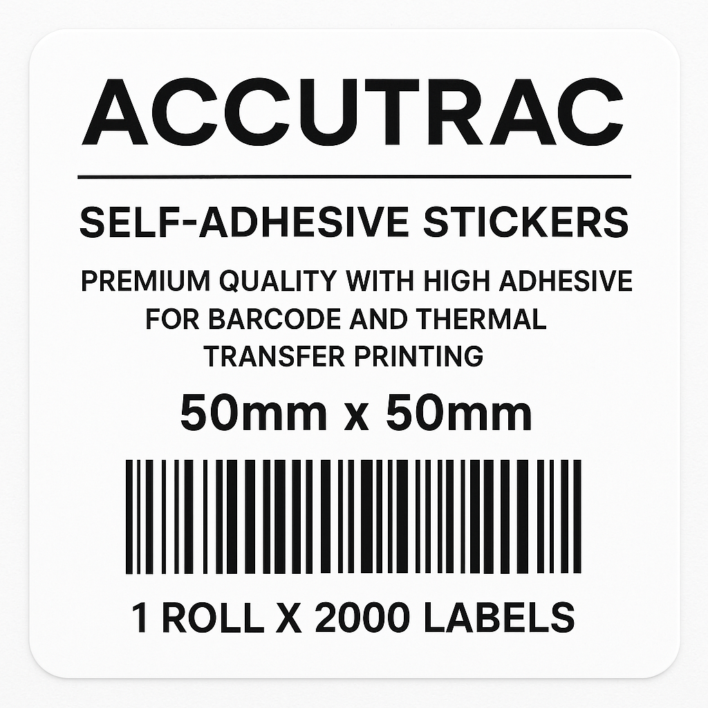 ACCUTRAC Chromo Paper Barcode Labels, 50mm x 50mm, 2up, Self-Adhesive, 2000 Labels Per Roll, 5 Rolls Pack, White, for Thermal Transfer Printing