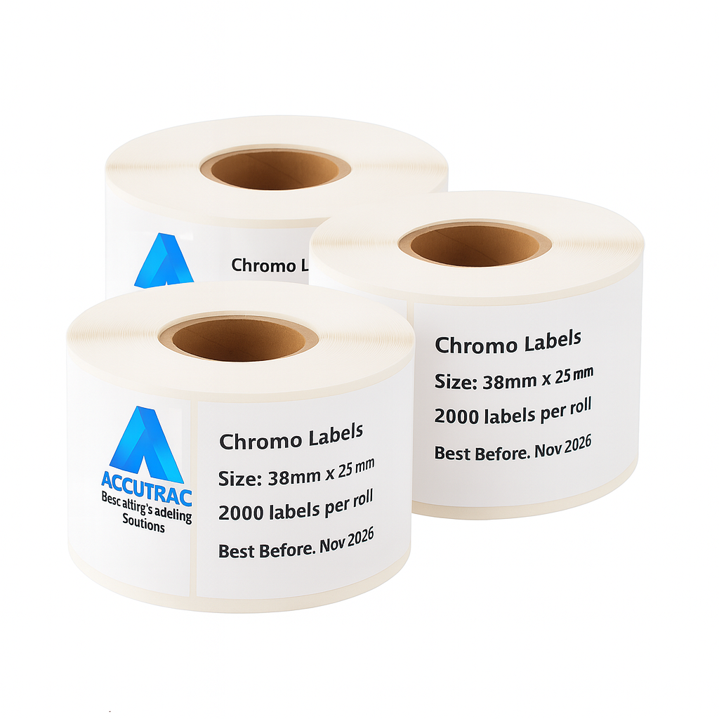 Chromo paper labels-38mm x 25mm-with strong adhesive 2000 labels per roll-1up-1 inch core (Pack of 5-total 10000 stickers) in ACCUTRAC Brand