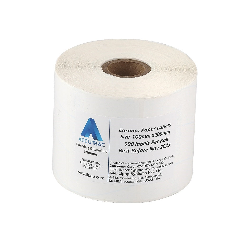 ACCUTRAC 100mm x 100mm (4 inch x 4 inch) Chromo Label Sticker - 500 Labels Per Roll - Pack of 1 Roll - White (1)