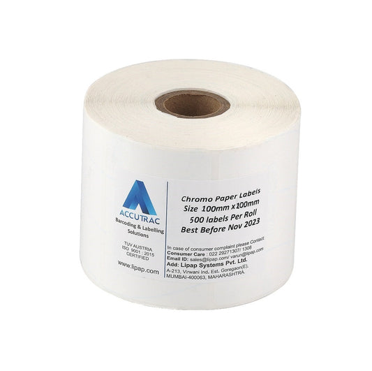 ACCUTRAC 100mm x 100mm (4 inch x 4 inch) Chromo Label Sticker - 500 Labels Per Roll - Pack of 1 Roll - White (1)