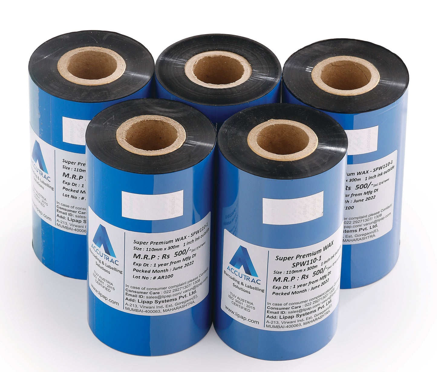 ACCUTRAC 110 X 300 Meters Thermal Transfer Barcode Ribbon Premium Wax for Printer TSC, Zebra, Citzen, Datamax, Toshiba, Sato Etc (Pack of 5)