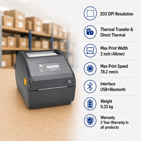 Zebra ZD421 300 DPI Monochrome Desktop Printers with USB & Serial Cable connectivity