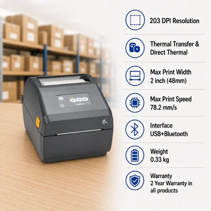 Zebra ZD421 300 DPI Monochrome Desktop Printers with USB & Serial Cable connectivity