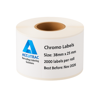 Chromo paper labels-38mm x 25mm-with strong adhesive 2000 labels per roll-1up-1 inch core (Pack of 5-total 10000 stickers) in ACCUTRAC Brand