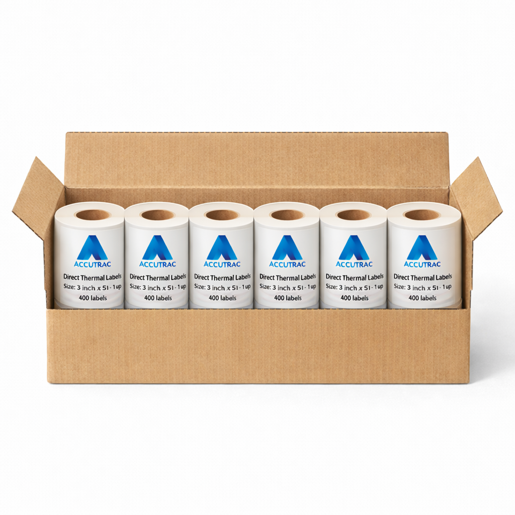 Direct Thermal (DT) Barcode Label 75mm x 125mm (3" x 5"), with strong adhesive 400 labels per roll, 1 up, 1 inch core (Pack of 12 Rolls-4800 stickers) in ACCUTRAC Brand