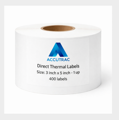 Direct Thermal (DT) Barcode Label 75mm x 125mm (3" x 5"), with strong adhesive 400 labels per roll, 1 up, 1 inch core (Pack of 12 Rolls-4800 stickers) in ACCUTRAC Brand