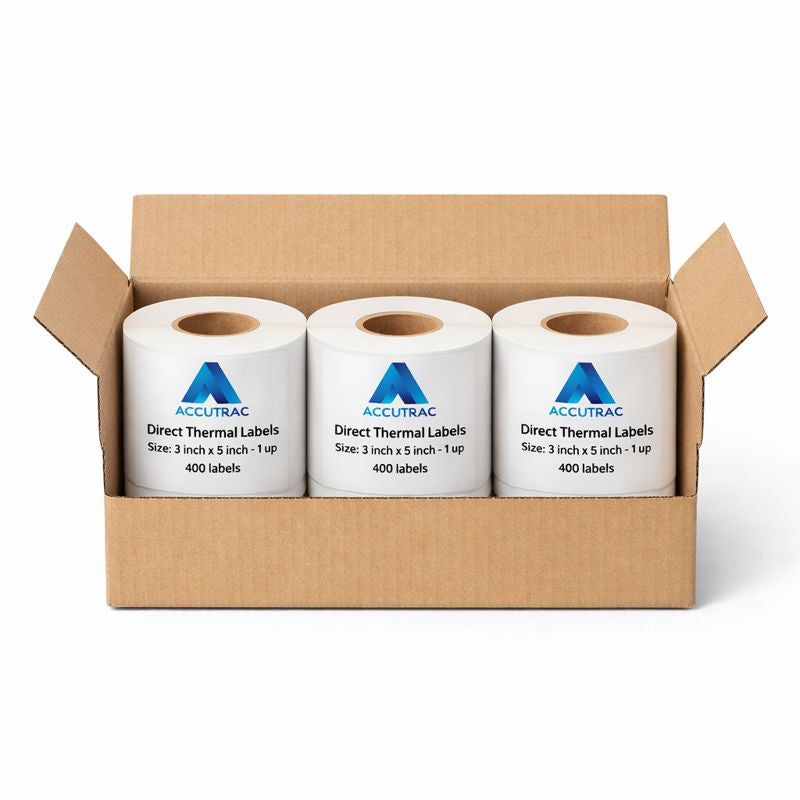 Direct Thermal (DT) Barcode Label 75mm x 125mm (3" x 5"), with strong adhesive 400 labels per roll, 1 up, 1 inch core (Pack of 3 Rolls-1200 stickers) in ACCUTRAC Brand