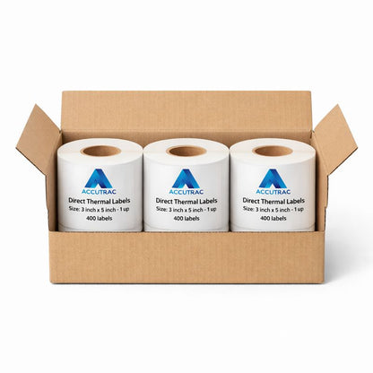 Direct Thermal (DT) Barcode Label 75mm x 125mm (3" x 5"), with strong adhesive 400 labels per roll, 1 up, 1 inch core (Pack of 3 Rolls-1200 stickers) in ACCUTRAC Brand