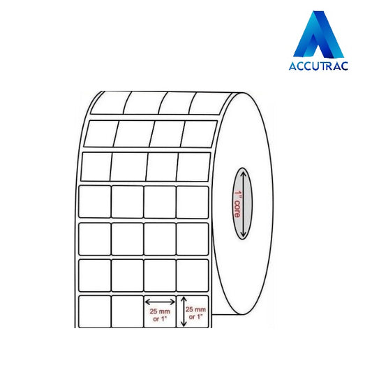 Chromo paper labels- 25mm x 25mm-with strong adhesive 4000 labels per roll-4up-1 inch core (Pack of 5-total 20000 stickers) in ACCUTRAC Brand