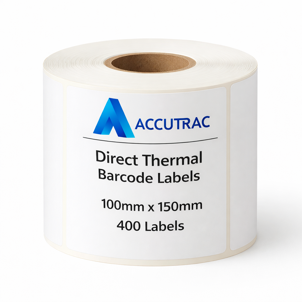 Direct Thermal (DT) Barcode Label Sticker - 4 x 6 inches - 100mm x 150mm White Strong Self-Adhesive Sticker Roll, 400 Labels per roll, 1 inch core (Pack of 3-1200 Labels ) in ACCUTRAC Brand