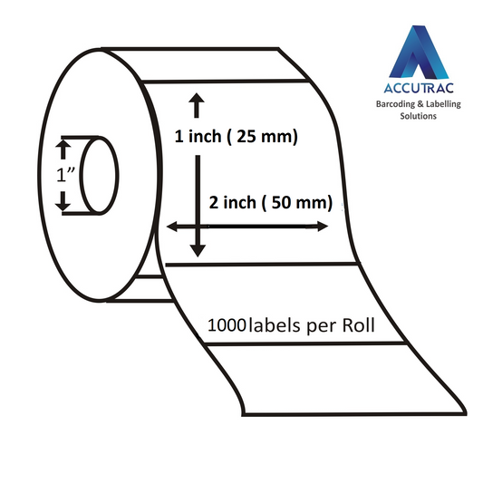 Direct Thermal (DT) Barcode Labels 50mm x 25mm (2" x 1"), with strong adhesive 1000 labels per roll, 1 up, 1 inch core (Pack of 5 Rolls-5000 stickers) in ACCUTRAC Brand