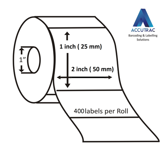 Direct Thermal (DT) Barcode Labels 50mm x 25mm (2" x 1"), with strong adhesive 400 labels per roll, 1 up, 1 inch core (Pack of 12 Rolls-4800 stickers) in ACCUTRAC Brand