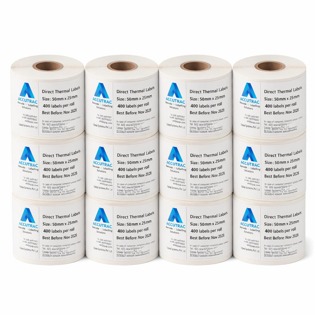 Direct Thermal (DT) Barcode Labels 50mm x 25mm (2" x 1"), with strong adhesive 400 labels per roll, 1 up, 1 inch core (Pack of 12 Rolls-4800 stickers) in ACCUTRAC Brand