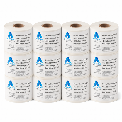 Direct Thermal (DT) Barcode Labels 50mm x 25mm (2" x 1"), with strong adhesive 400 labels per roll, 1 up, 1 inch core (Pack of 12 Rolls-4800 stickers) in ACCUTRAC Brand