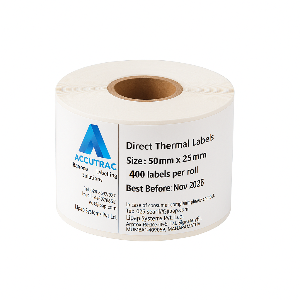 Direct Thermal (DT) Barcode Labels 50mm x 25mm (2" x 1"), with strong adhesive 400 labels per roll, 1 up, 1 inch core (Pack of 12 Rolls-4800 stickers) in ACCUTRAC Brand