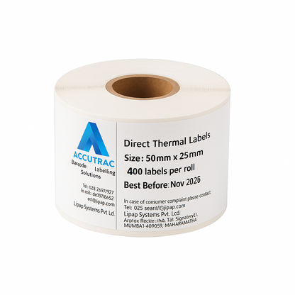 Direct Thermal (DT) Barcode Labels 50mm x 25mm (2" x 1"), with strong adhesive 400 labels per roll, 1 up, 1 inch core (Pack of 12 Rolls-4800 stickers) in ACCUTRAC Brand