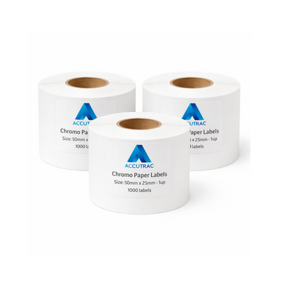 Chromo paper labels-50mm x 25mm-with strong adhesive 1000 labels per roll-1up-1 inch core (Pack of 3-total 3000 stickers) in ACCUTRAC Brand