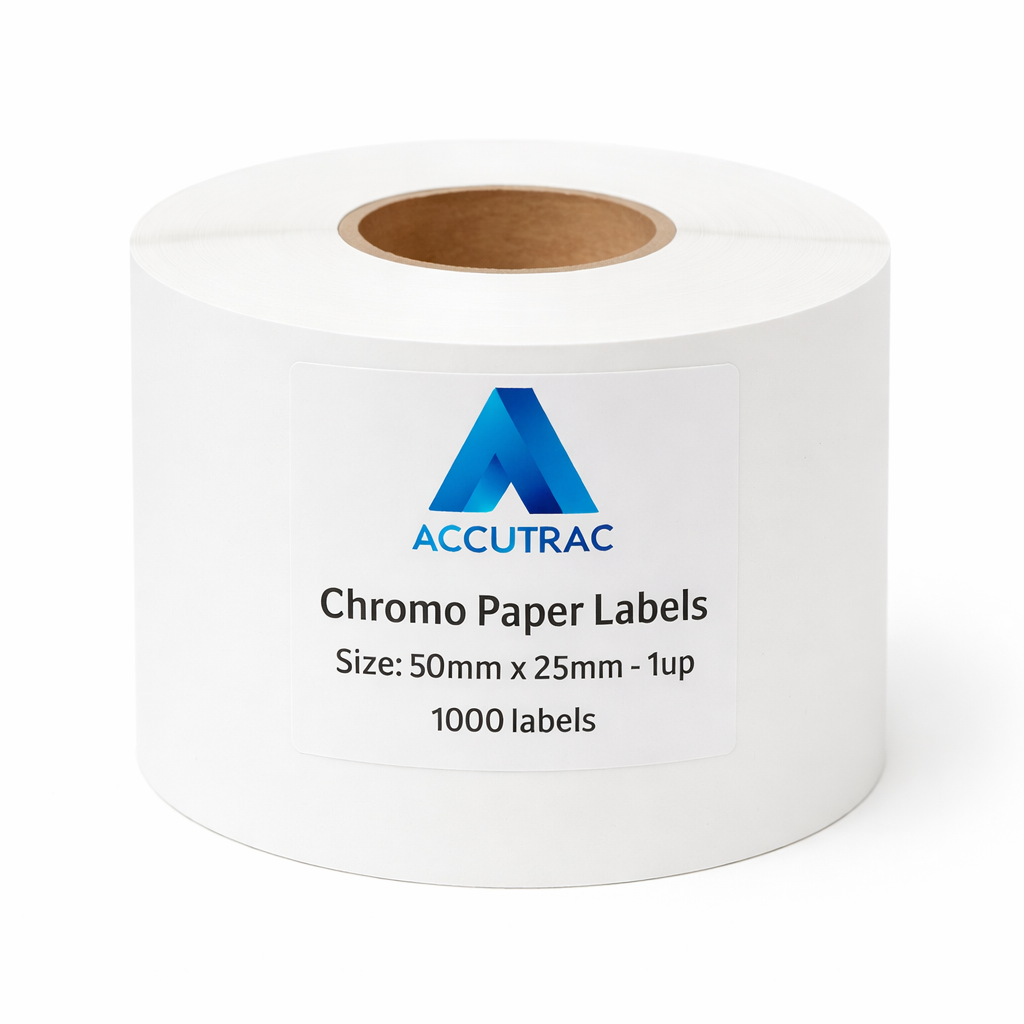 Chromo paper labels-50mm x 25mm-with strong adhesive 1000 labels per roll-1up-1 inch core (Pack of 3-total 3000 stickers) in ACCUTRAC Brand