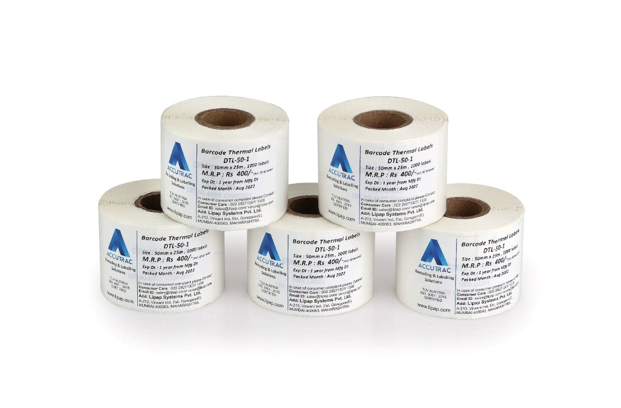 ACCUTRAC 2 x 1 Direct Thermal Barcode Label Sticker - 50mm x 25mm - 1000 Per Roll - Pack of 5 Rolls -White Self Adhesive Sticker for Printing Barcoding Labels 1 inch core Without Ribbon