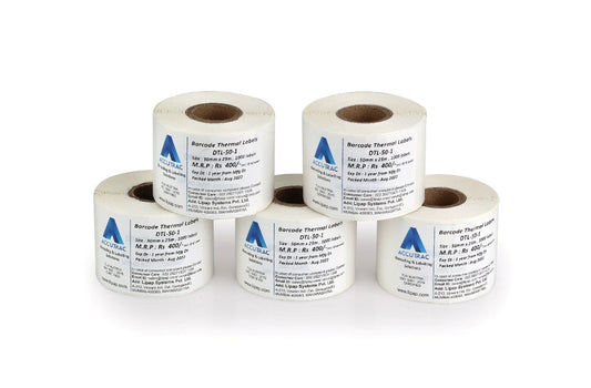 ACCUTRAC 2 x 1 Direct Thermal Barcode Label Sticker - 50mm x 25mm - 1000 Per Roll - Pack of 5 Rolls -White Self Adhesive Sticker for Printing Barcoding Labels 1 inch core Without Ribbon