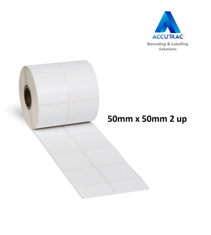 ACCUTRAC Chromo Paper Barcode Labels, 50mm x 50mm, 2up, Self-Adhesive, 2000 Labels Per Roll, 5 Rolls Pack, White, for Thermal Transfer Printing