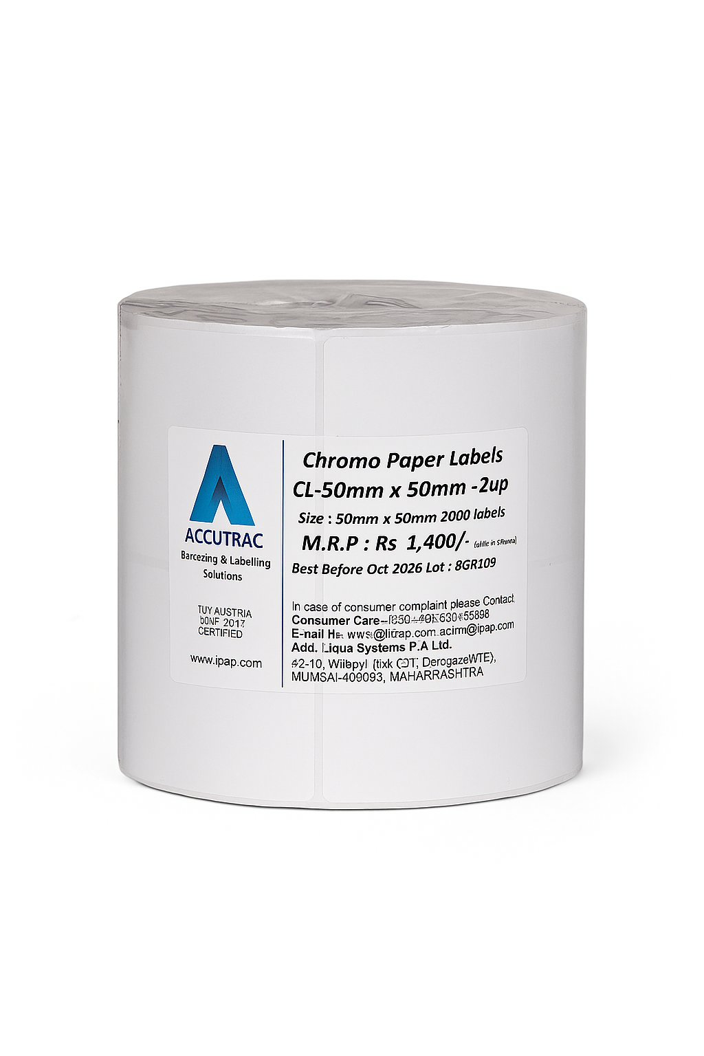 ACCUTRAC Chromo Paper Barcode Labels, 50mm x 50mm, 2up, Self-Adhesive, 2000 Labels Per Roll, 5 Rolls Pack, White, for Thermal Transfer Printing