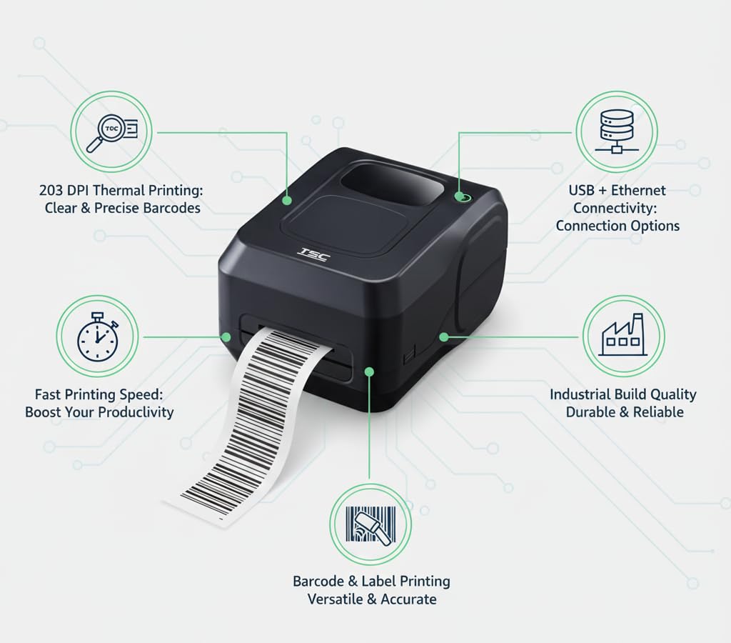 TSC TL240 Desktop Thermal Transfer Barcode Printer with USB Connectivity 203 DPI Bar Code Label Printer, Black
