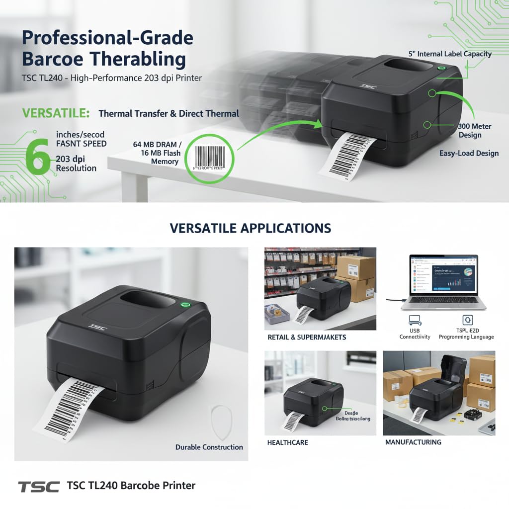 TSC TL240 Desktop Thermal Transfer Barcode Printer with USB Connectivity 203 DPI Bar Code Label Printer, Black