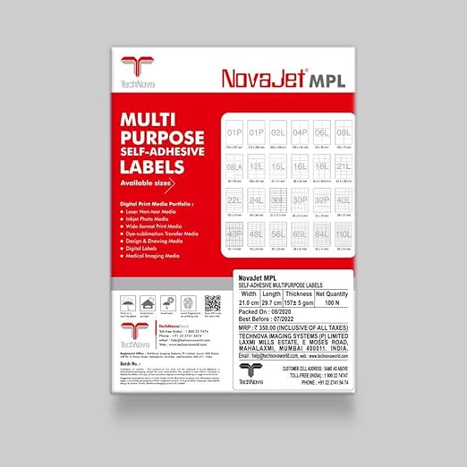 NovaJet Multipurpose Label for Inkjet/Laser Printer 1 Label (Size of Lable 210 mm x 297 mm) in A4 Sheet (100 Sheet)