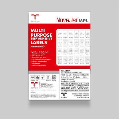 NovaJet Multipurpose Label for Inkjet/Laser Printer 1 Label (Size of Lable 210 mm x 297 mm) in A4 Sheet (100 Sheet)