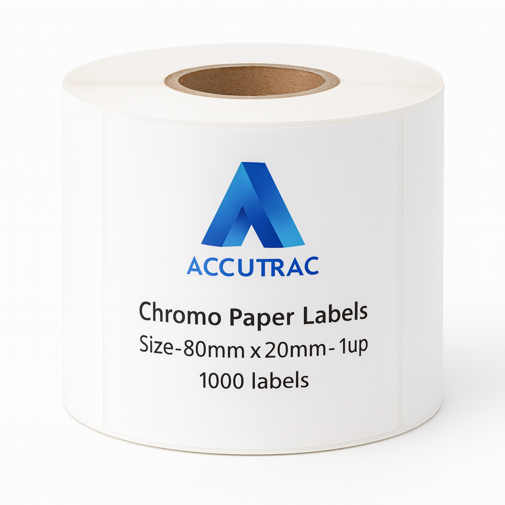 Chromo paper labels-80mm x 20mm-with strong adhesive 1000 labels per roll-1up-1 inch core (Pack of 5-total 5000 stickers) in ACCUTRAC Brand