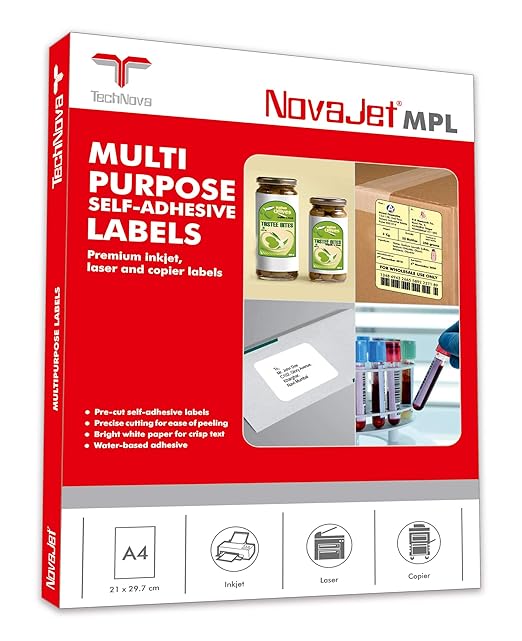 NovaJet Multipurpose Label for Inkjet/Laser Printer 1 Label (Size of Lable 210 mm x 297 mm) in A4 Sheet (100 Sheet)