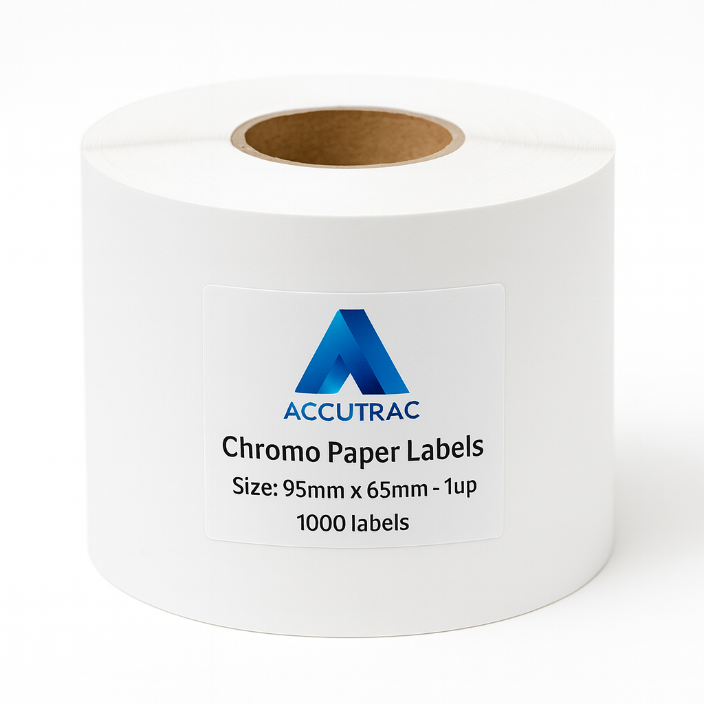 Chromo paper labels-95mm x 65mm-with strong adhesive 1000 labels per roll-1up-1 inch core (Pack of 5-total 5000 stickers) in ACCUTRAC Brand