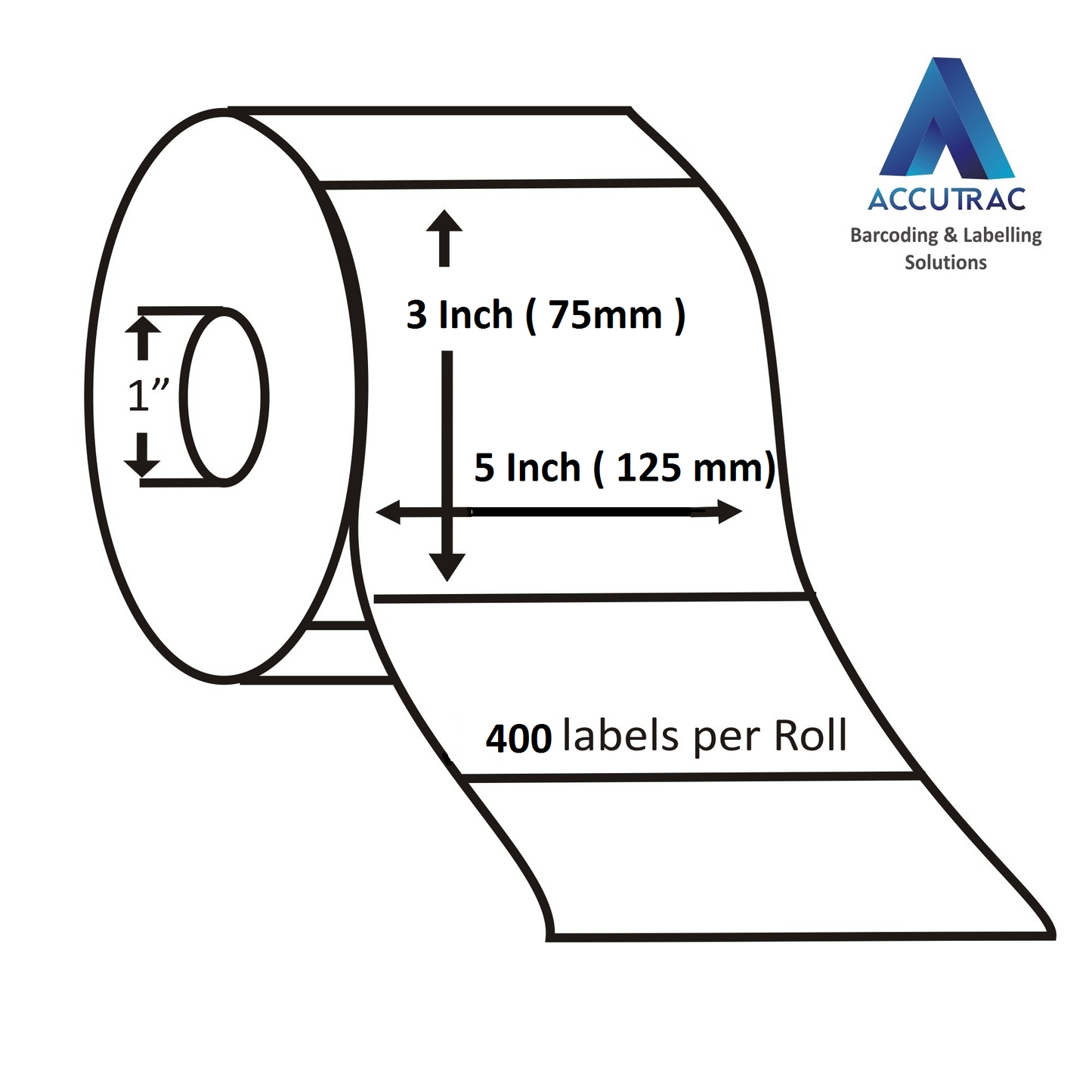 Direct Thermal (DT) Barcode Label 75mm x 125mm (3" x 5"), with strong adhesive 400 labels per roll, 1 up, 1 inch core (Pack of 12 Rolls-4800 stickers) in ACCUTRAC Brand