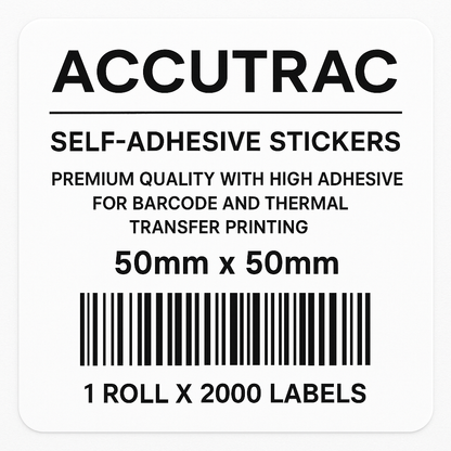 ACCUTRAC Chromo Paper Barcode Labels, 50mm x 50mm, 2up, Self-Adhesive, 2000 Labels Per Roll, 5 Rolls Pack, White, for Thermal Transfer Printing