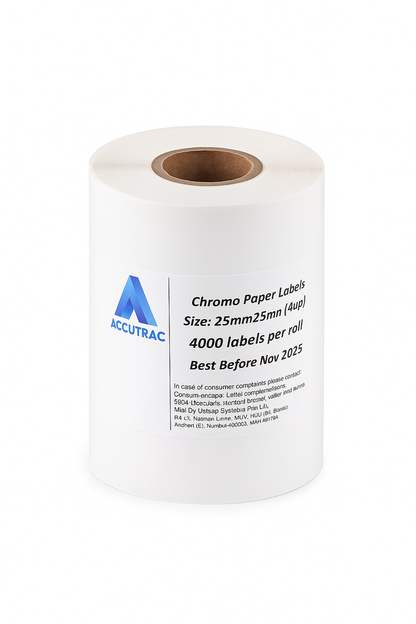 ACCUTRAC Chromo Barcode Labels, White, Square, 25mm x 25mm, Self Adhesive, 4000 Labels per Roll, 4-Up Pack of 5