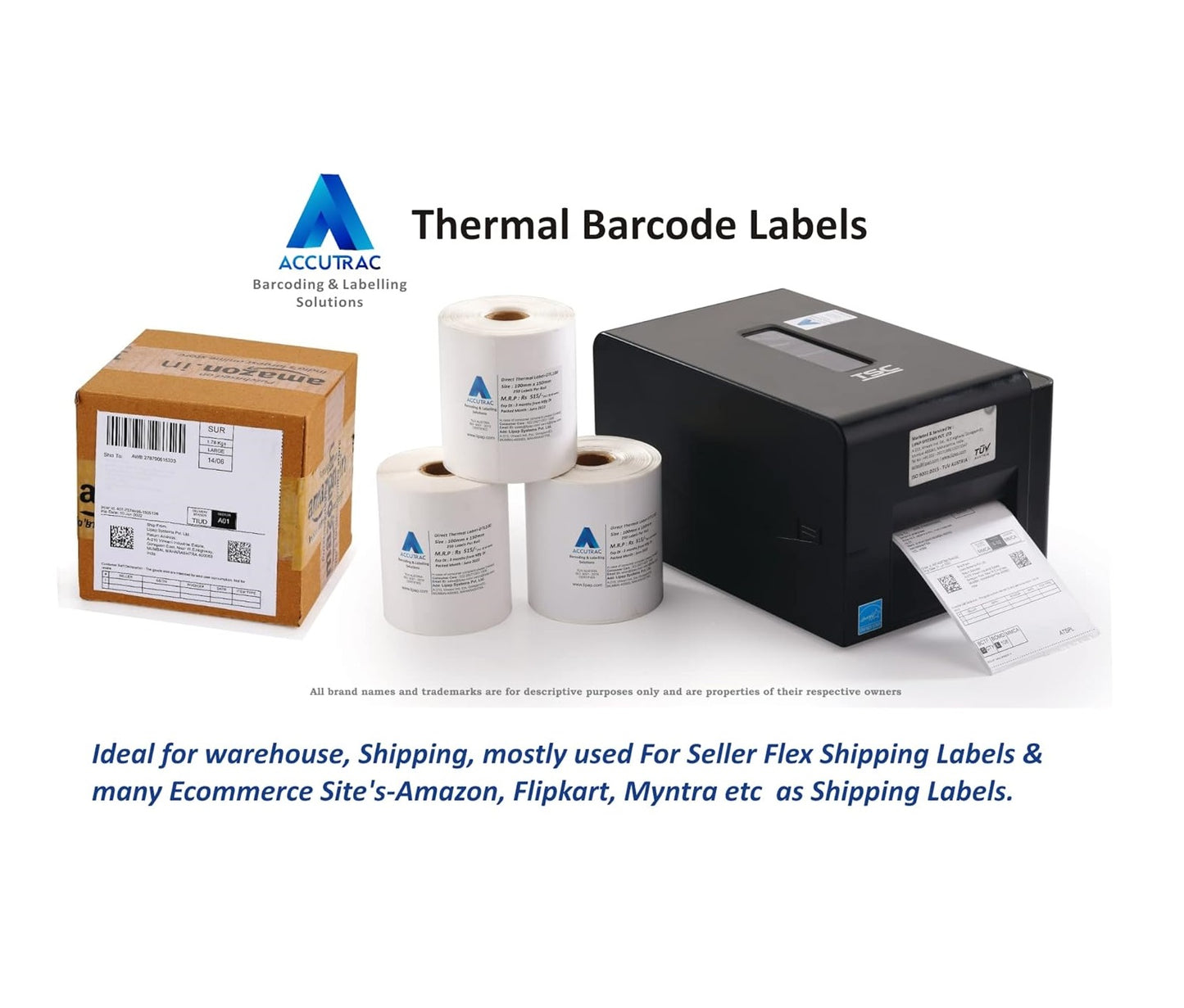 Direct Thermal (DT) Barcode Label 75mm x 125mm (3" x 5"), with strong adhesive 400 labels per roll, 1 up, 1 inch core (Pack of 12 Rolls-4800 stickers) in ACCUTRAC Brand