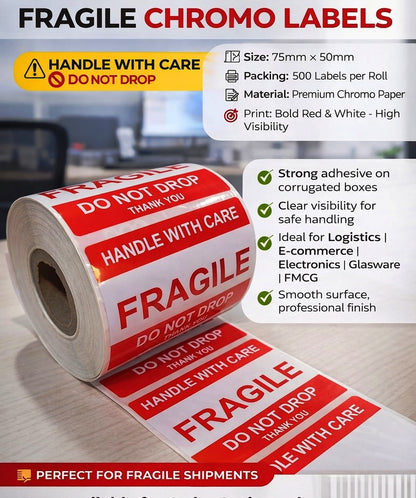 ACCUTRAC Fragile Chromo Labels 75mm x 50mm (3" x 2") Handle with Care Shipping Stickers, with Strong Adhesive 500 Stickers per roll, 1 up, 1 inch core, Pack of 10 ( 5000 labels ) in ACCUTRAC Brand