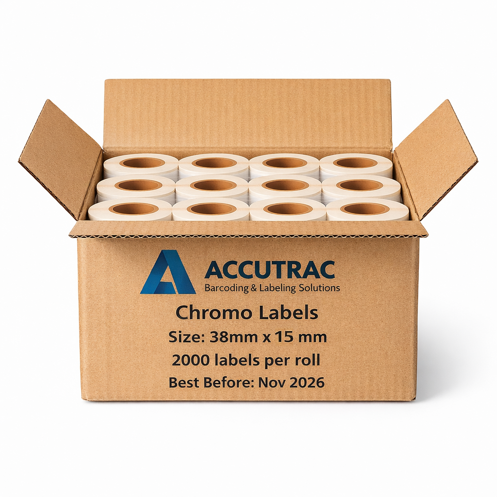 Chromo paper labels-38mm x 15mm-with strong adhesive 2000 labels per roll-1up-1 inch core (Pack of 10-total 20000 stickers) in ACCUTRAC Brand