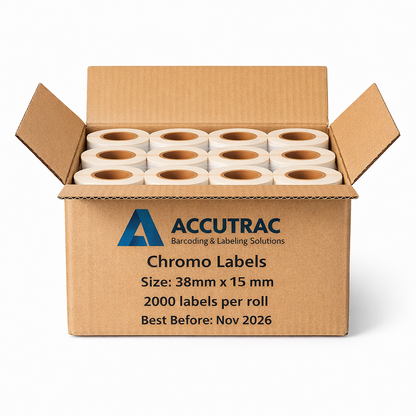Chromo paper labels-38mm x 15mm-with strong adhesive 2000 labels per roll-1up-1 inch core (Pack of 10-total 20000 stickers) in ACCUTRAC Brand