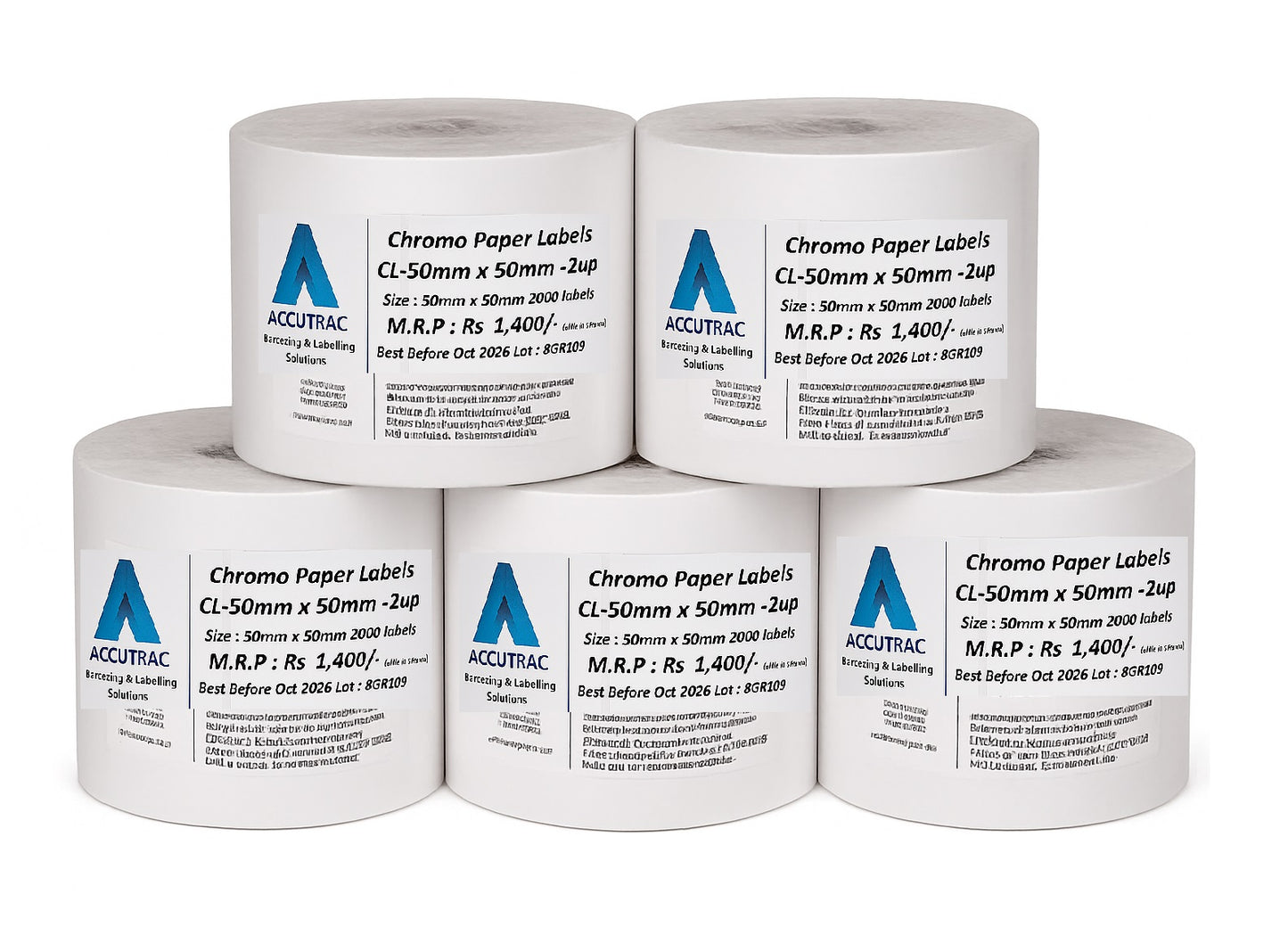 ACCUTRAC Chromo Paper Barcode Labels, 50mm x 50mm, 2up, Self-Adhesive, 2000 Labels Per Roll, 5 Rolls Pack, White, for Thermal Transfer Printing