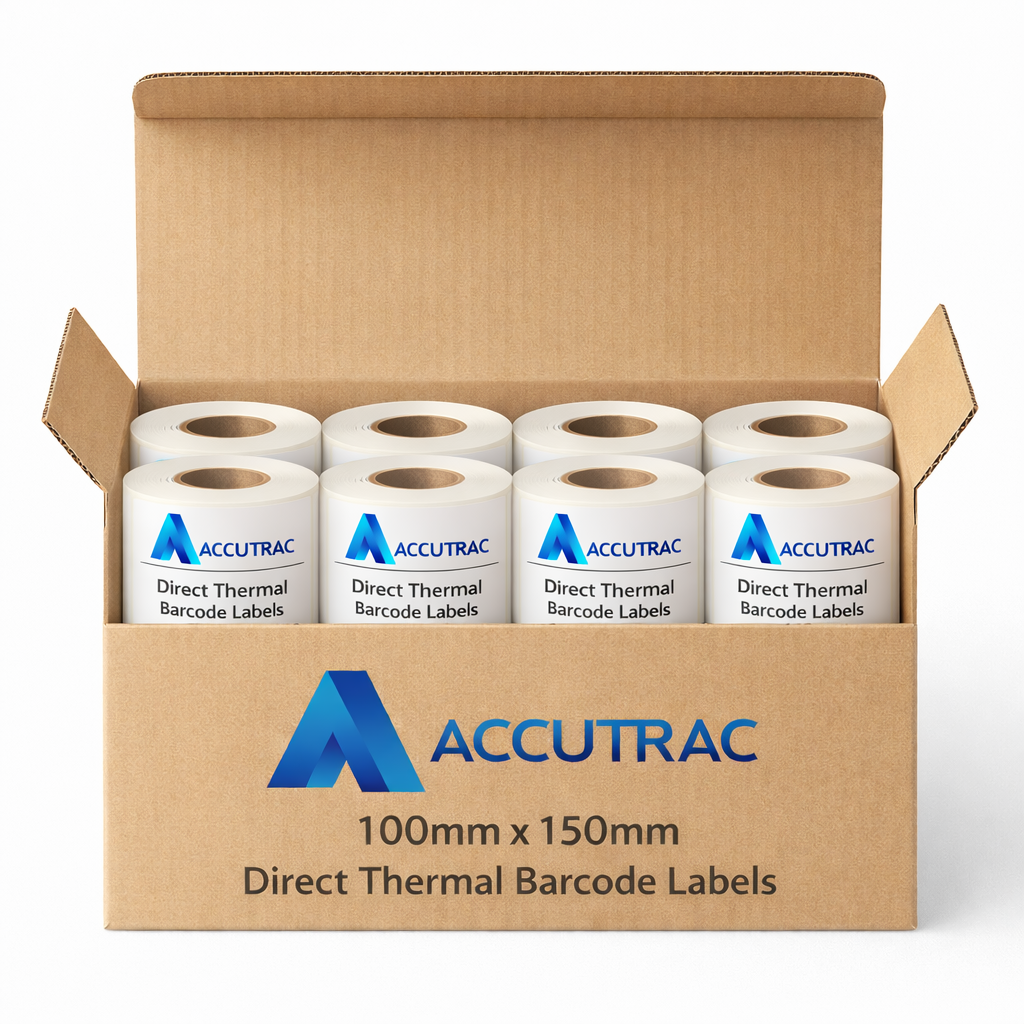Direct Thermal (DT) Barcode Label Sticker - 4 x 6 inches - 100mm x 150mm, with strong adhesive 400 labels per roll, 1 up, 1 inch core (Pack of 6 Rolls-2400 stickers) in ACCUTRAC Brand