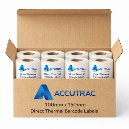 Direct Thermal (DT) Barcode Label Sticker - 4 x 6 inches - 100mm x 150mm, with strong adhesive 400 labels per roll, 1 up, 1 inch core (Pack of 6 Rolls-2400 stickers) in ACCUTRAC Brand